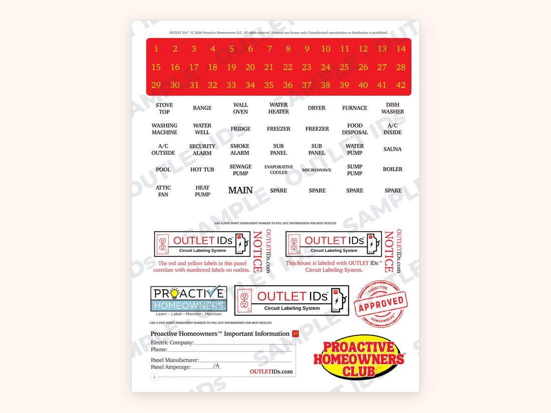 Breaker Labels sheet with numbered circuit labels and room name labels